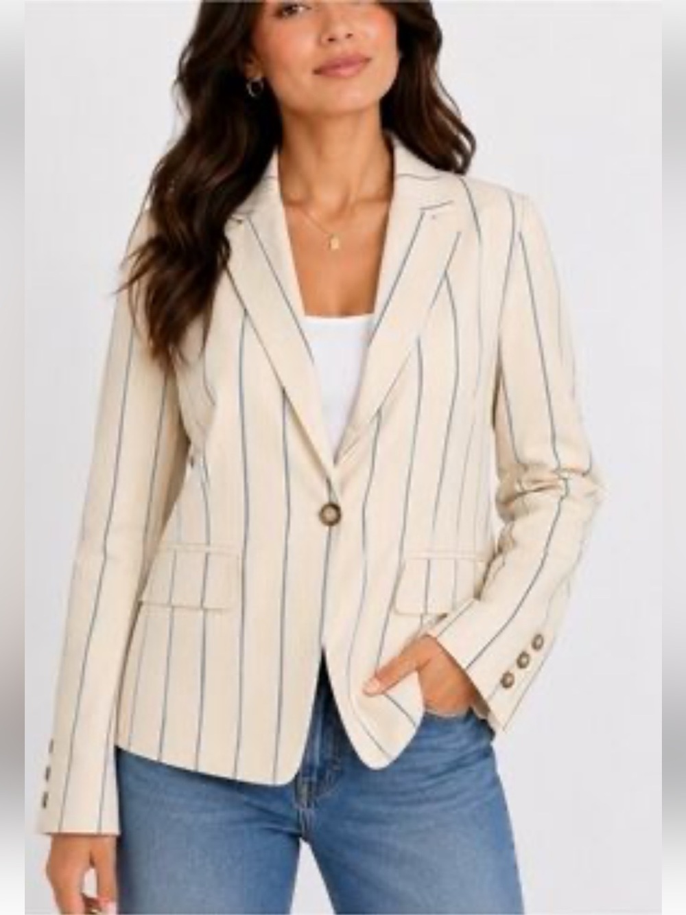 LOFT Striped Linen-Blend Cropped Blazer
Jacket Cream Blue Coastal Size 10